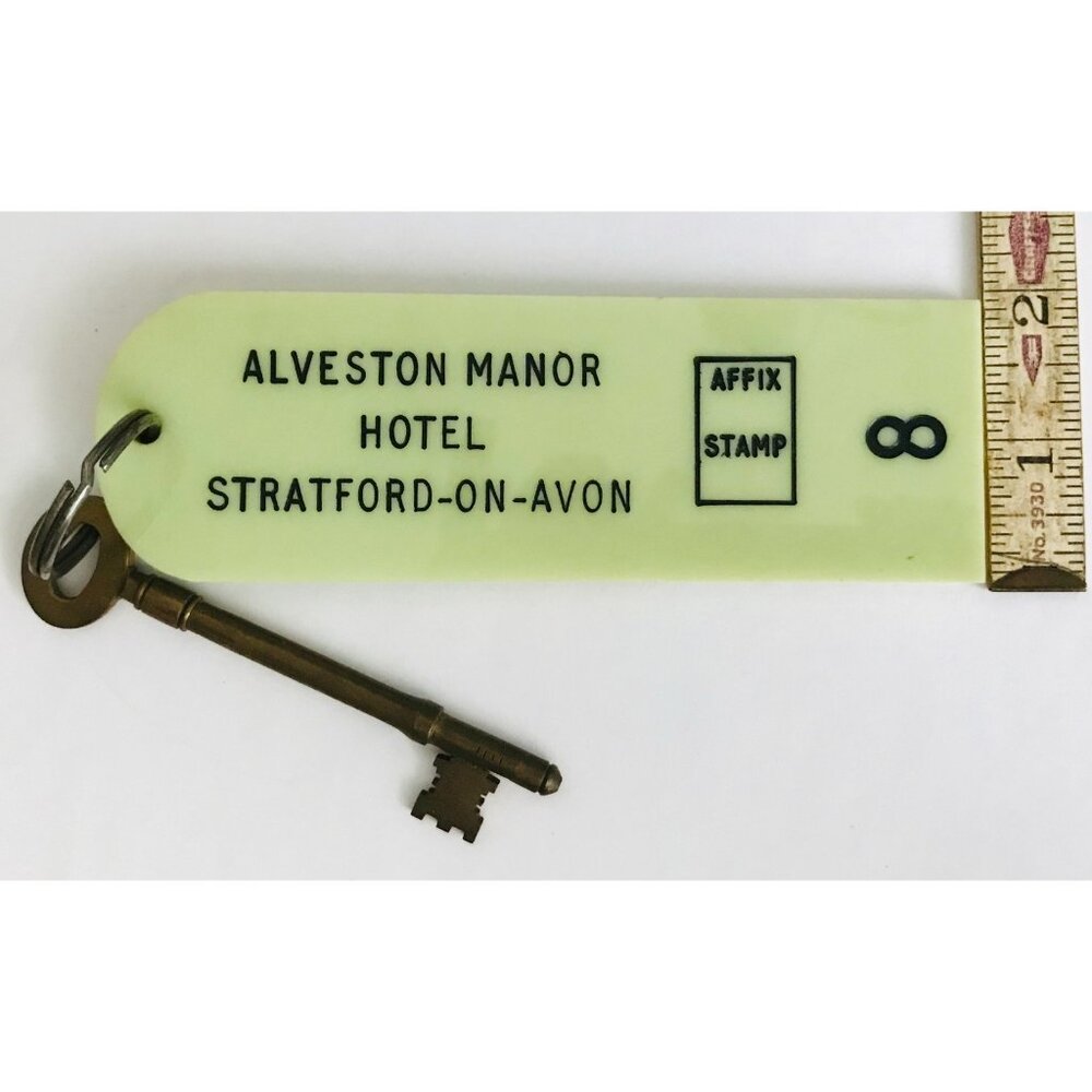 Vintage Stratford-On-Avon Alveston Manor Hotel Skeleton Key & Fob UK Historic #8